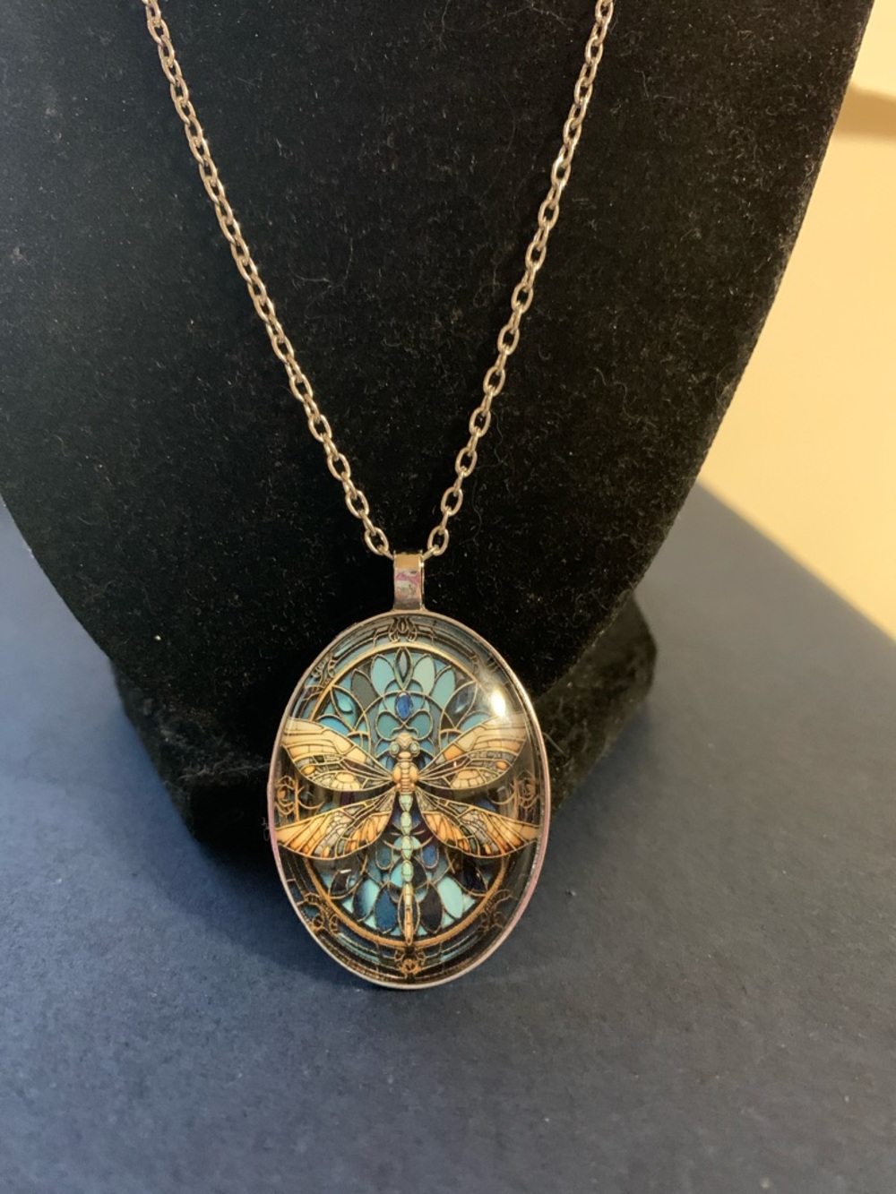 Dragonfly Stained-Glass Pendant Necklace - Teal & Gold